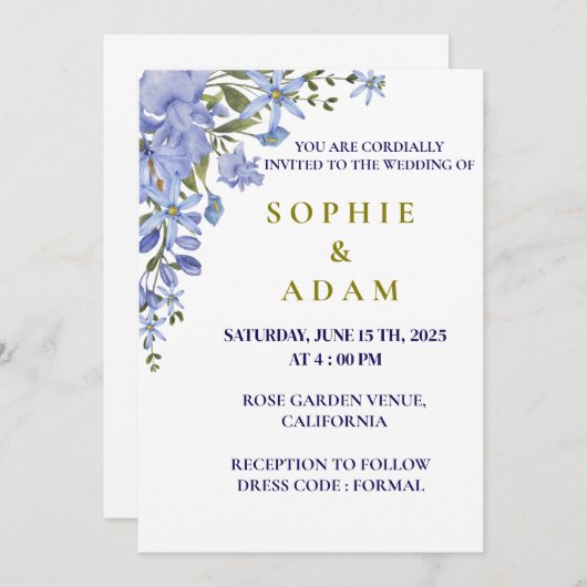 Elegante blauwe en olijfgroene bruiloft uitnodigin kaart (Voorkant / Achterkant)