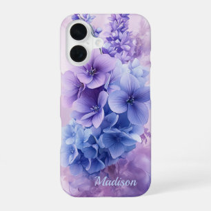 Elegante blauwe en paarse bloem iPhone 16 Hoesje