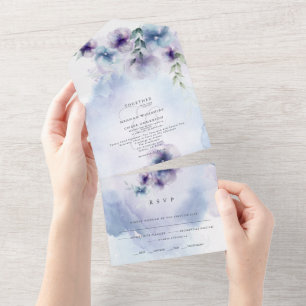 Elegante Blauwe en Paarse Bloemige All-in-One All In One Uitnodiging