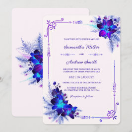Elegante Blauwe en Paarse Orchideeën Bruiloft Kaart