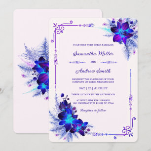 Elegante Blauwe en Paarse Orchideeën Bruiloft Kaart