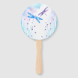 Elegante Blauwe en Paarse Waterverf Dragonfly Handwaaier