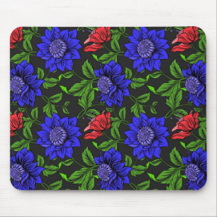 Elegante Blauwe En Rode Bloem Zwarte Achtergrond Muismat