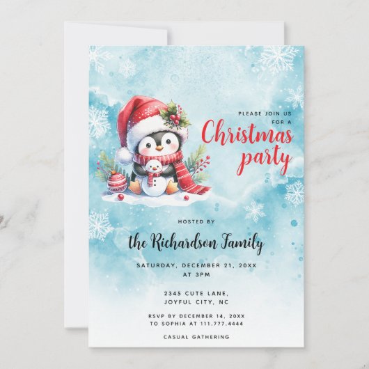 Elegante blauwe en rode pinguïn Kerstmis Kaart (Voorkant)