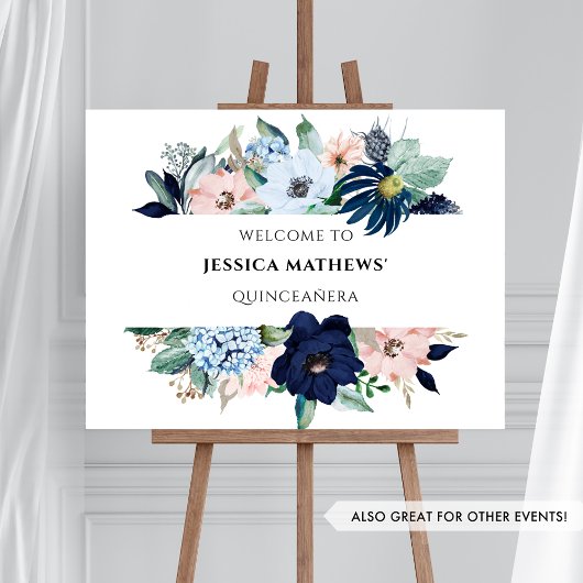 Elegante blauwe en roze koraalbloem, welkomstbord poster