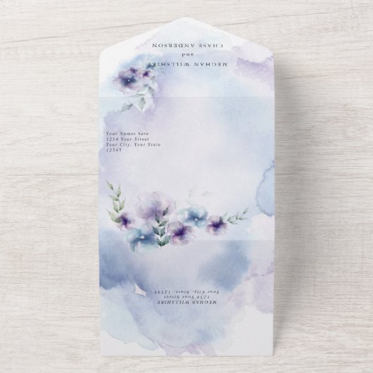 Elegante blauwe en violette bloem alles in één all in one uitnodiging (Buitenkant)