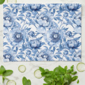 Elegante blauwe en witte bloem chic bloemmotief theedoek (Gevouwen)