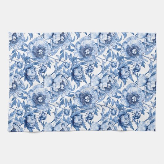 Elegante blauwe en witte bloem chic bloemmotief theedoek (Horizontaal)