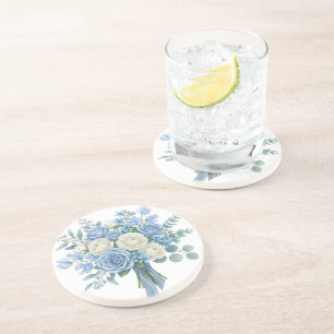 Elegante Blauwe en Witte Bloemboeket Watercolor B Zandsteen Onderzetter