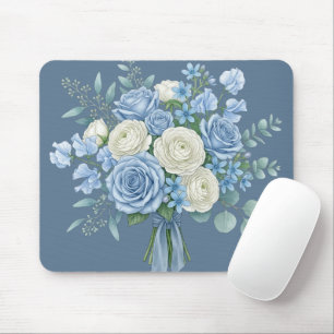 Elegante blauwe en witte bloemboeket waterverf B Muismat