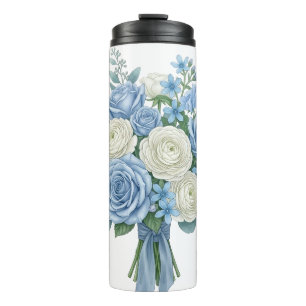 Elegante blauwe en witte bloemboeket waterverf B Thermosbeker