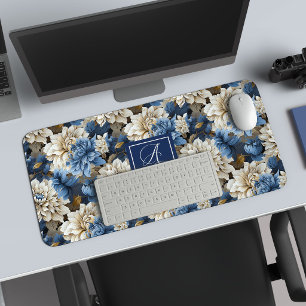 Elegante Blauwe en Witte Bloemen Luxe Bureaumat