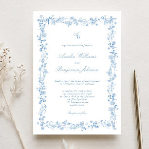 Elegante Blauwe en Witte Bloemige Bruiloft Kaart