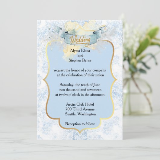 Elegante blauwe en witte champagne bruiloft kaart (Staand voorkant)