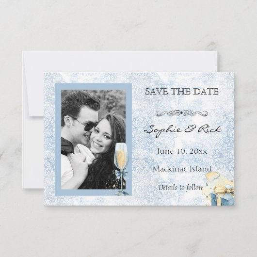 Elegante Blauwe en Witte Champagne Save the Date (Voorkant)