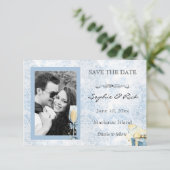 Elegante Blauwe en Witte Champagne Save the Date (Staand voorkant)