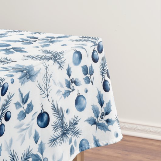 Elegante blauwe en witte den en Holly Christmas Tafelkleed (Voorbeeld)