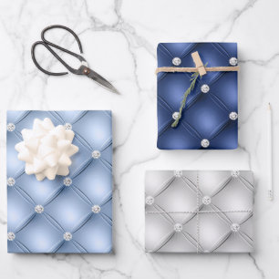 Elegante blauwe en witte diamant gestikte patronen inpakpapier vel