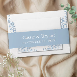 Elegante blauwe en witte eenvoudige vintage bruilo uitnodigingen wikkel