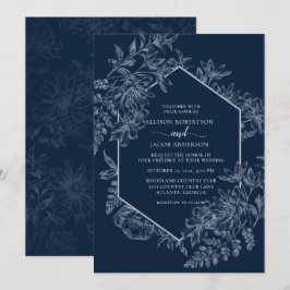 Elegante Blauwe en Witte Geometrische Bloemige Bru Kaart