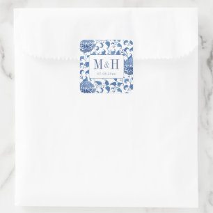 Elegante Blauwe en Witte Huwelijksmonogram gunst Vierkante Sticker