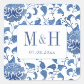 Elegante Blauwe en Witte Huwelijksmonogram gunst Vierkante Sticker (Voorkant)