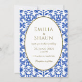 Elegante Blauwe en Witte Italiaanse Bruiloft Uitno Kaart (Voorkant)