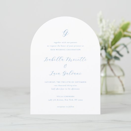 Elegante Blauwe en Witte Kust Chic Bruiloft Kaart (Staand voorkant)