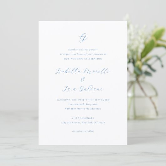 Elegante Blauwe en Witte Kust Chic Bruiloft Kaart (Staand voorkant)