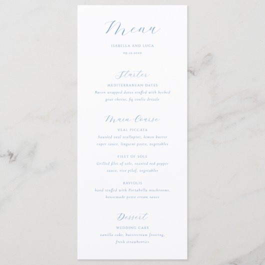 Elegante Blauwe en Witte Kust Chic Bruiloft Menu (Voorkant)