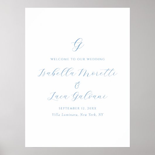 Elegante Blauwe en Witte Kust Chic Bruiloft Poster (Voorkant)