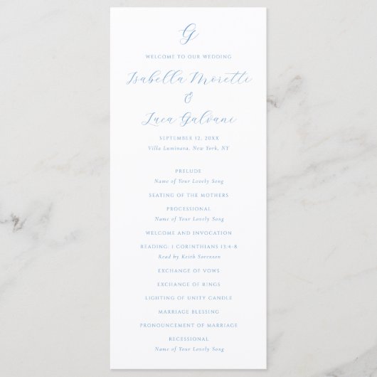 Elegante Blauwe en Witte Kust Chic Bruiloft Programmakaart (Voorkant)