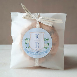 Elegante Blauwe en Witte Kust Monogram Bruiloft Ronde Sticker