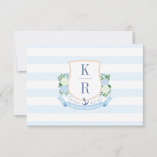 Elegante Blauwe en Witte Kustmonogram Huwelijk Bedankkaart (Voorkant)