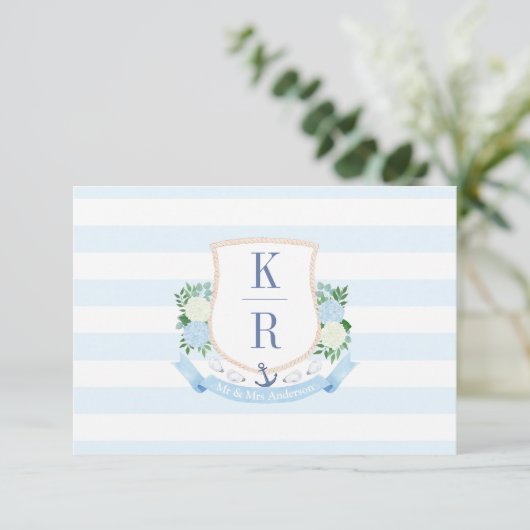 Elegante Blauwe en Witte Kustmonogram Huwelijk Bedankkaart (Staand voorkant)