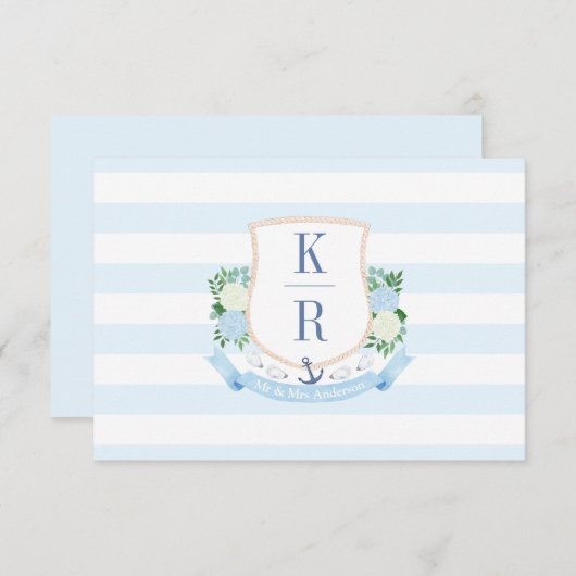 Elegante Blauwe en Witte Kustmonogram Huwelijk Bedankkaart (Voorkant / Achterkant)