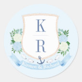 Elegante Blauwe en Witte Kustmonogram Huwelijk Ronde Sticker (Voorkant)