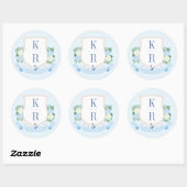 Elegante Blauwe en Witte Kustmonogram Huwelijk Ronde Sticker (Vel)