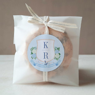 Elegante Blauwe en Witte Kustmonogram Huwelijk Ronde Sticker