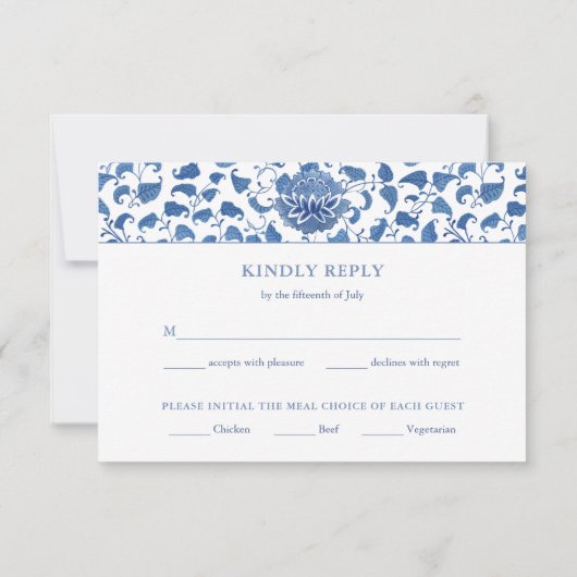 Elegante Blauwe en Witte Maaltijdopties Bruiloft R RSVP Kaartje (Achterkant)