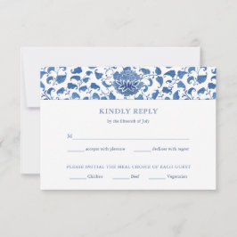 Elegante Blauwe en Witte Maaltijdopties Bruiloft R RSVP Kaartje