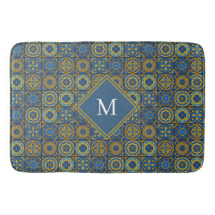 Elegante blauwe en witte Marokkaanse monogram op m Badmat