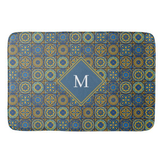 Elegante blauwe en witte Marokkaanse monogram op m Badmat (Voorkant)
