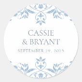 Elegante blauwe en witte minimale bruiloft ronde sticker (Voorkant)