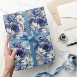 Elegante blauwe en witte rozen en lelies cadeaupapier