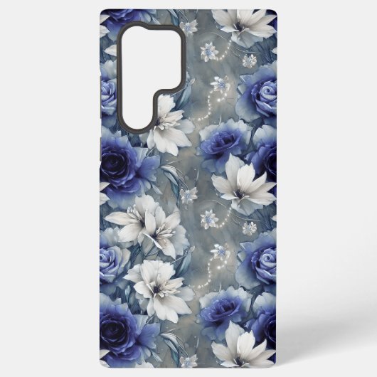 Elegante blauwe en witte rozen en lelies samsung galaxy hoesje (Achterkant)