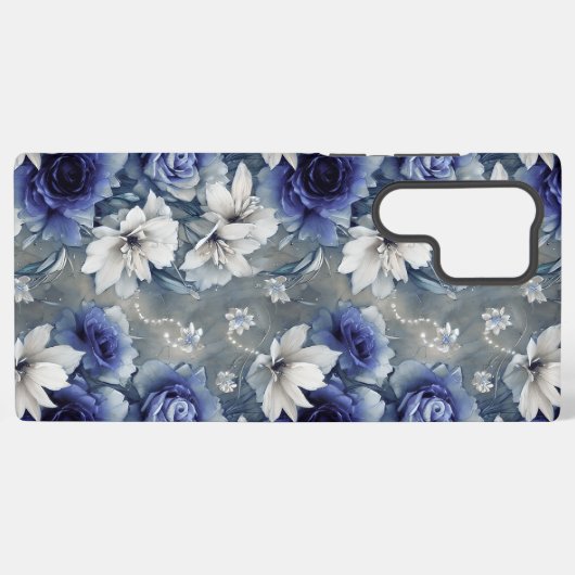 Elegante blauwe en witte rozen en lelies samsung galaxy hoesje (Achterkant horizontaal)
