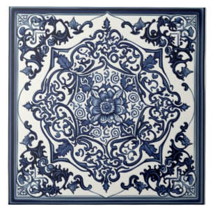 Elegante blauwe en witte tegel, roos, Chinees ontw Tegeltje