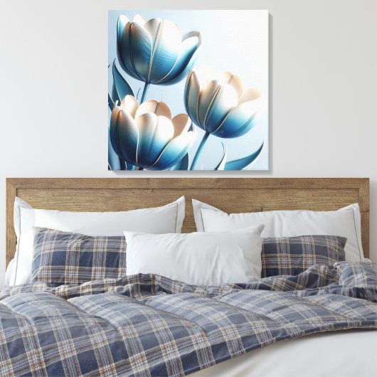 Elegante Blauwe en Witte Tulpen Canvas Afdruk (Insitu (Slaapkamer))