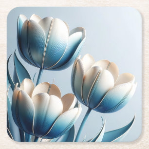 Elegante Blauwe en Witte Tulpen Kartonnen Onderzetters